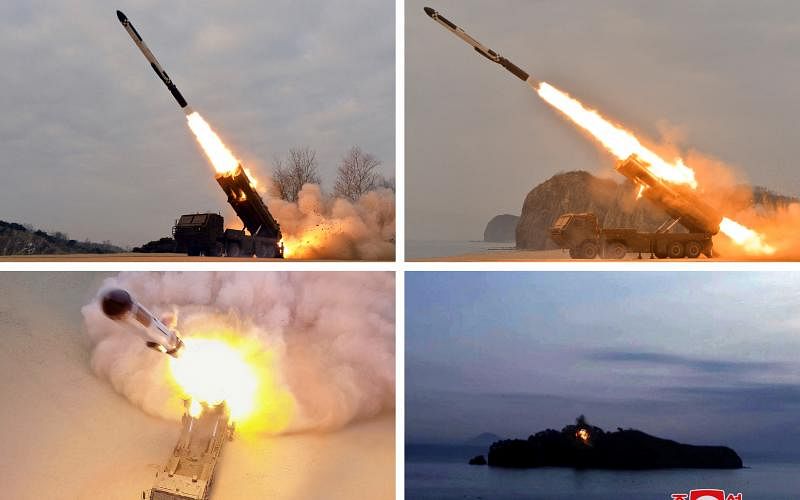 朝中社周五发布了朝鲜国防科学院周四在未具名地点发射地对地战术导弹的照片，并指导弹试射取得成功。（路透社） 