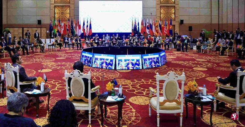 第55届亚细安外长会议和系列会议本月在柬埔寨金边召开，其间发布的联合公报显示亚细安外长对缅甸和乌克兰局势的关注。图为亚细安区域论坛上，空出来的缅甸席位。（路透社）
