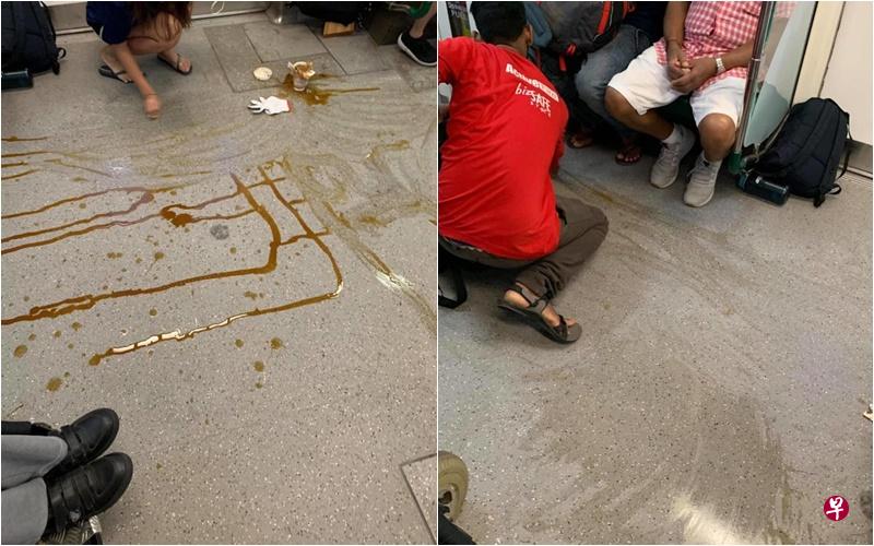 女生地铁车厢内打翻咖啡 两好心客工帮忙清理